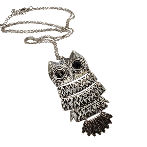 Owl Pendant Necklace Silver Tone Large Articulate Owl Pendant - Picture 3 of 9